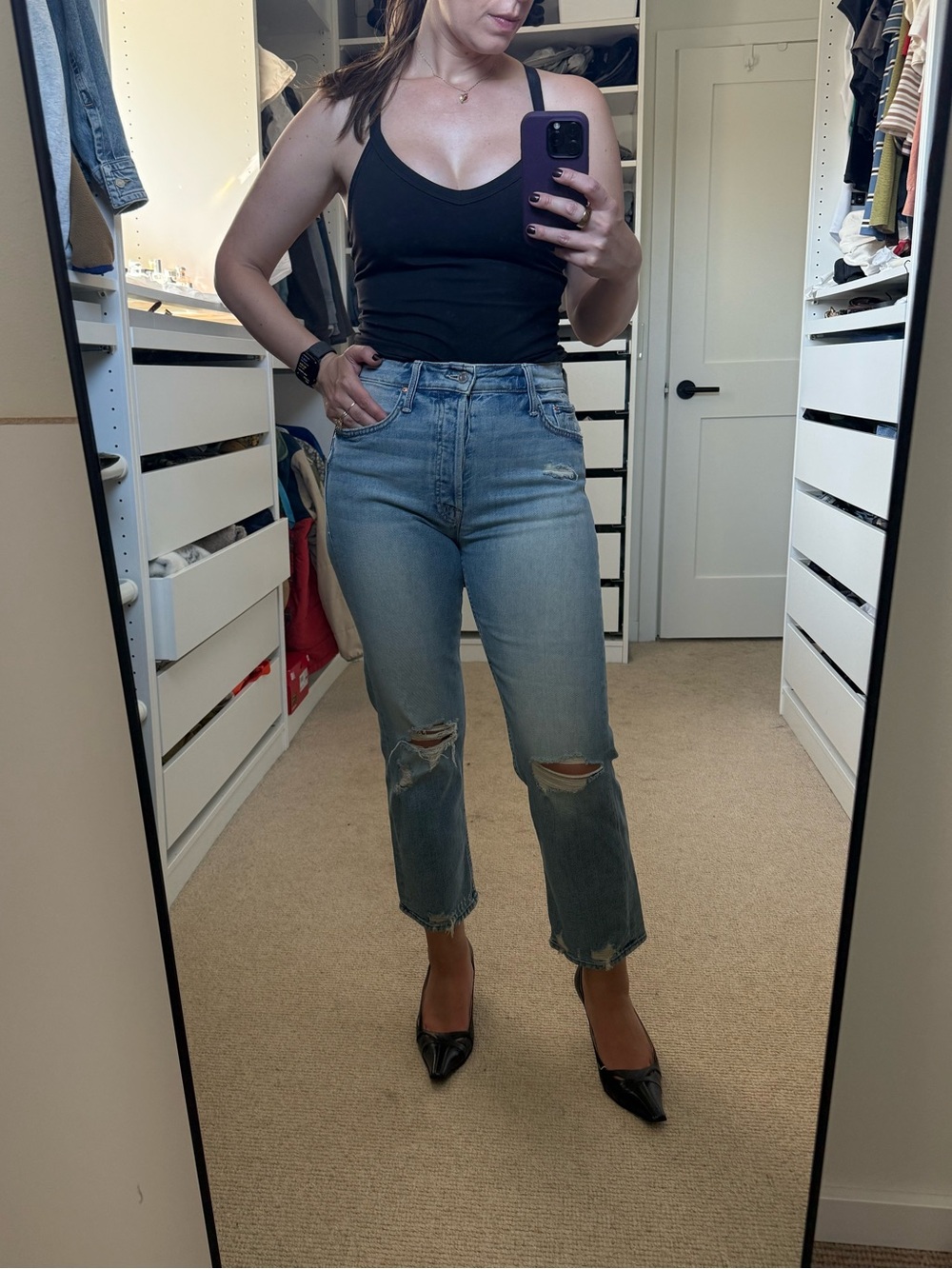 MOTHER Light Blue High-Rise Distressed Straight Jeans